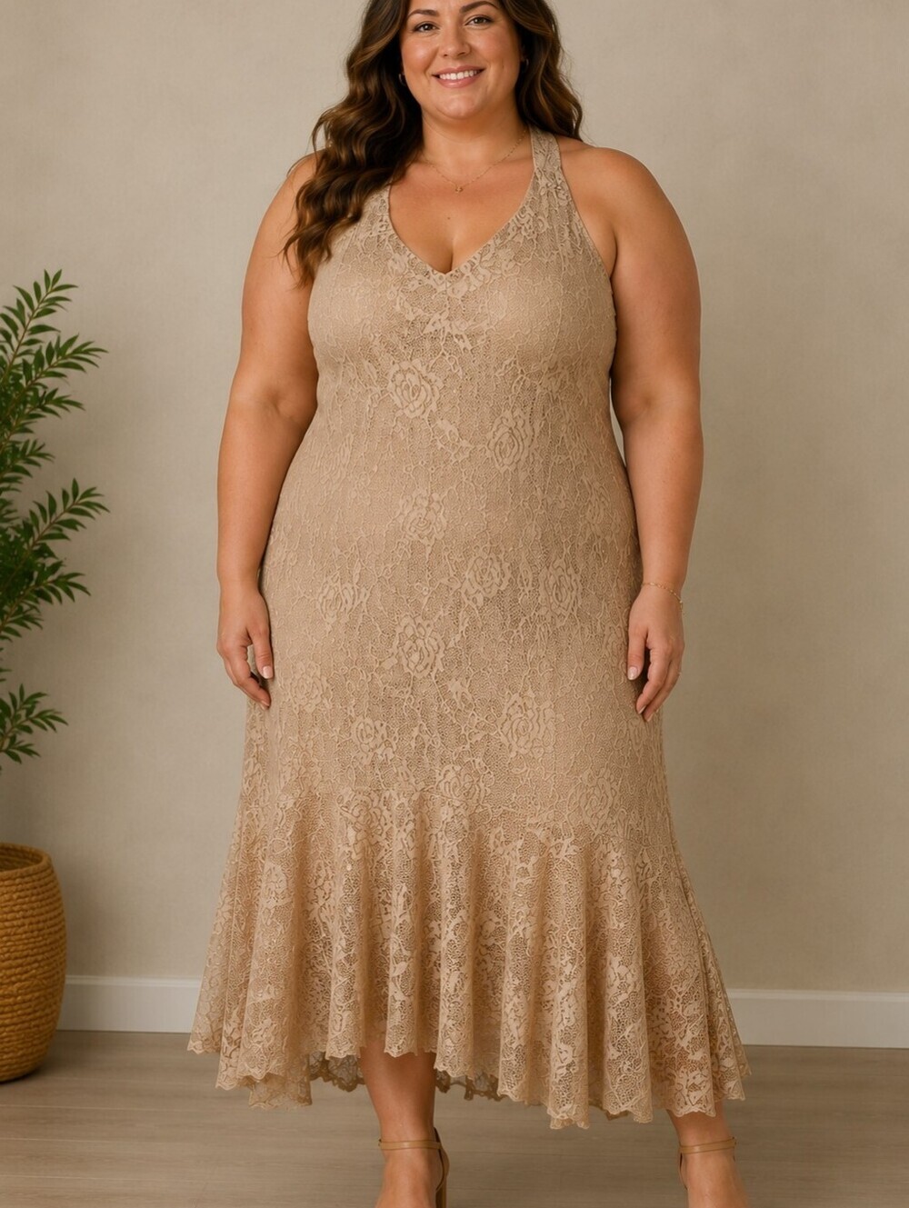 Vtg SPENCER ALEXIS Beige Gold Metallic Lace Overlay Mermaid Maxi Slip Dress 3X